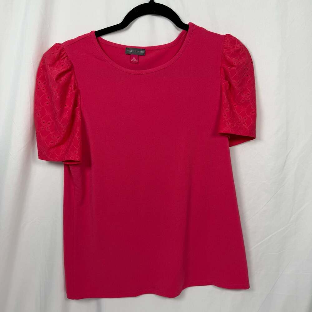 Vince Camuto Magenta Eyelet Embroidered Puff Sleeve Knit Top